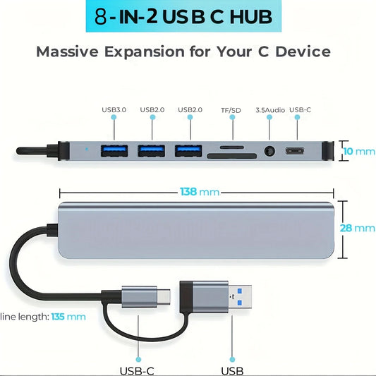 USB Hub, Dual Purpose Hub With USB And Type C Interfaces, 8-port USB C Hub, With USB 3.0, USB 2.0, Micro SD/TF Card Reader, Microphone/audio, And Other Interfaces, Suitable For USB C Hubs On Laptops, For MacBook Pro, IMac, IP